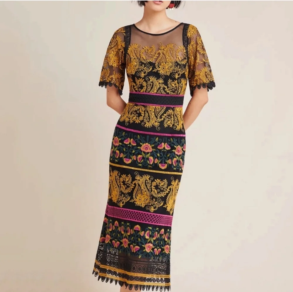 Anthropologie Jacquin Floral Embroidered Lace Scallop Dress